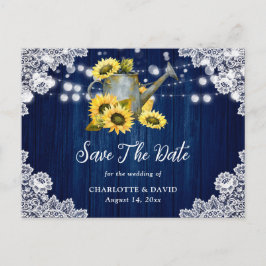 Postal De Anuncios Regadera de Girasol Azul Marino Madera Boda