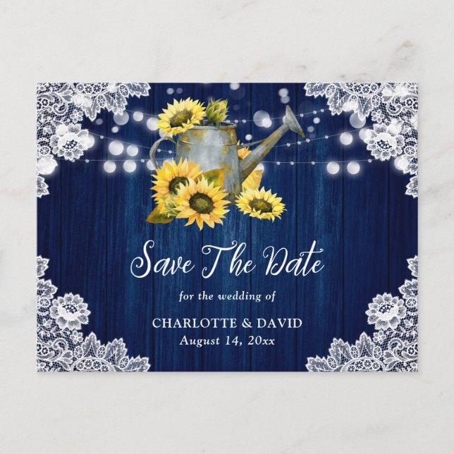 Postal De Anuncios Regadera de Girasol Azul Marino Madera Boda (Anverso)