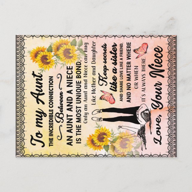 Postal De Anuncios Regalo para mi tía, regalo de girasol de sobrina (Anverso)