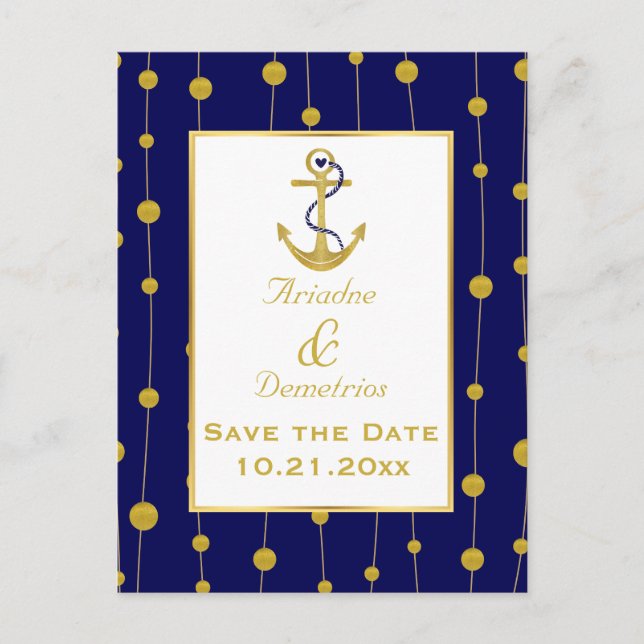 Postal De Anuncios Relieve metalizado dorado anclar boda náutica Guar (Anverso)