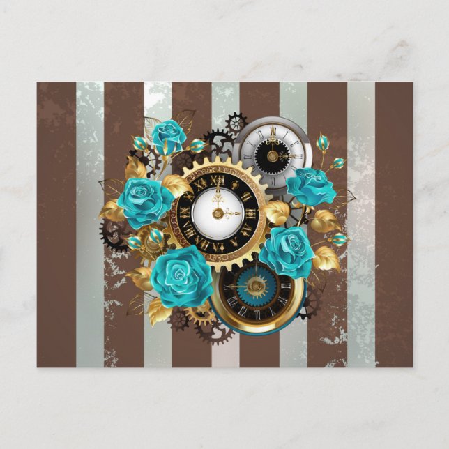 Postal De Anuncios Reloj Steampunk y Rosas Turquesas sobre Rayas (Anverso)
