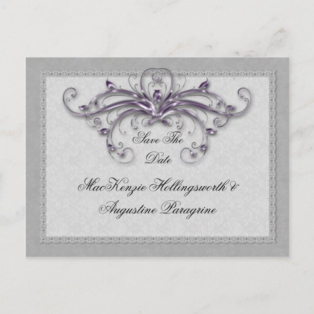 Postal De Anuncios Remolinos de plata y púrpura Save The Date (Anverso)