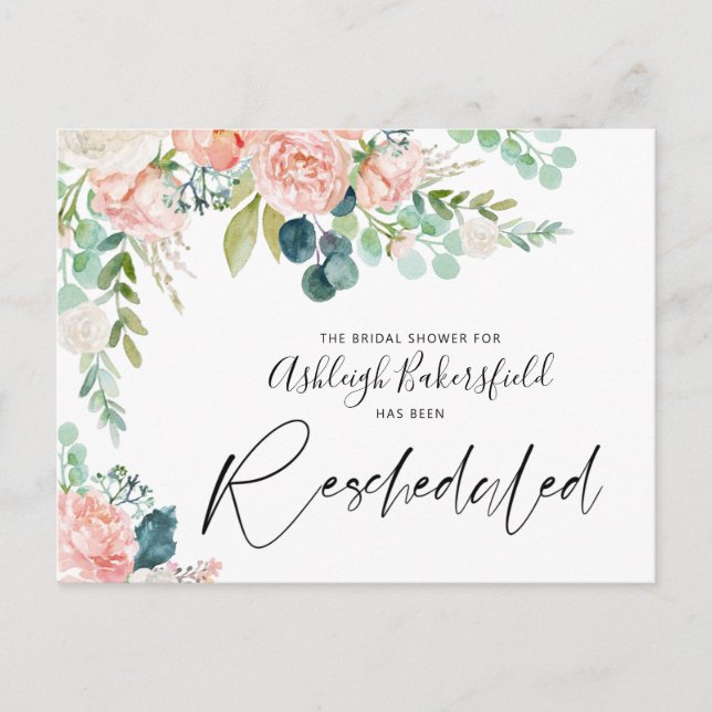 Postal De Anuncios Reprogramación de Despedida de Soltera Floral Rosa (Anverso)