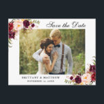 Postal De Anuncios Reserva floral de Borgoña de la acuarela la fecha<br><div class="desc">Reserva floral de Borgoña Marsala de la acuarela la postal del compromiso de la fecha</div>