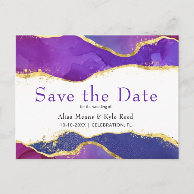 Postal De Anuncios Resumen Purple Fuchsia Gold Save the Date (Anverso)