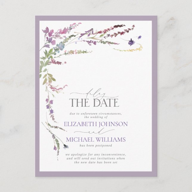 Postal De Anuncios Retrasar la fecha Boda floral Lilac Lavender (Anverso)