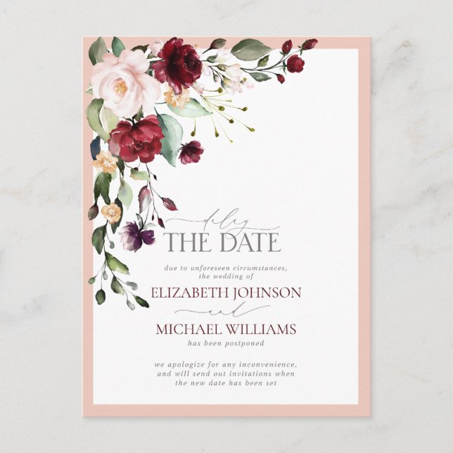 Postal De Anuncios Retrasar la fecha Burgundy Blush Floral Boda (Anverso)