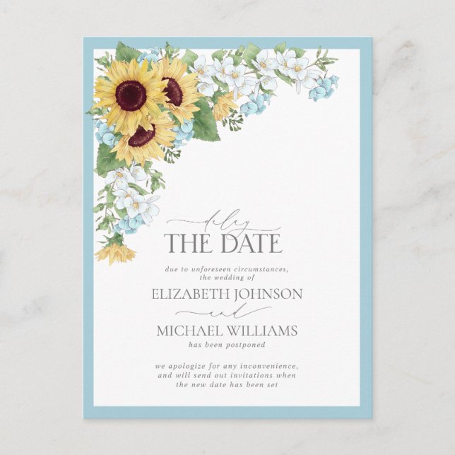 Postal De Anuncios Retrasar la fecha dusty blue Sunflower Floral Boda (Anverso)