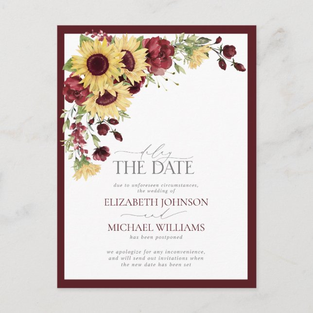 Postal De Anuncios Retrasar la fecha Sunflower Burgundy Boda (Anverso)