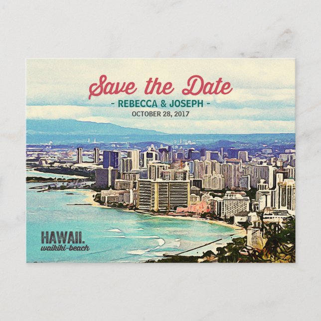 Postal De Anuncios Retro Hawaii Waikiki Beach Photo Save the Date (Anverso)