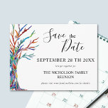 Postal De Anuncios Reunión de familia de árboles de familia Guardar f<br><div class="desc">Invite a su familia a su Reunión familiar con esta elegante postal Guardar la fecha. Cuenta con un árbol familiar en los colores del arcoiris y un espacio para que puedas personalizar con tu nombre familiar y tus detalles. Original Mosaico © Michele Davies.</div>