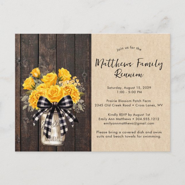 Postal De Anuncios Reunión de la familia Rustic Mason Jar Floral Wood (Anverso)