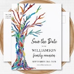 Postal De Anuncios Reunión familiar de la familia de árboles para gua<br><div class="desc">Pídele a su familia que salve la fecha para su reunión familiar con esta elegante postal. Cuenta con un colorido árbol familiar que se hizo originalmente en mosaico de vidrio. Personalizable fácil con tus detalles. Utilice la opción Personalizar adicional para cambiar el tamaño, estilo o color del texto si lo...</div>