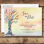 Postal De Anuncios Reunión familiar salva el árbol arcoiris de fecha<br><div class="desc">Reunión Familiar Guarda La Postcarta De La Invitación Del Árbol Arcoiris De Fecha. Pida a su familia que guarde la fecha de su Reunión familiar con esta elegante postal de invitación. Presenta un árbol familiar con los colores del arco iris sobre un fondo acuático. Hay plantillas para que usted pueda...</div>