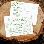 Postal De Anuncios Reunión familiar salva el árbol verde de la fecha<br><div class="desc">Envíe la información SAVE THE FATE para su reunión familiar o familiar utilizando estas postales con un moderno y minimalista diseño de árbol familiar en tonos verdes. Todo el texto es editable. También se dispone de suministros de fiesta y artículos de novedad para coordinar la reunión. ASISTENCIA: Para obtener ayuda...</div>