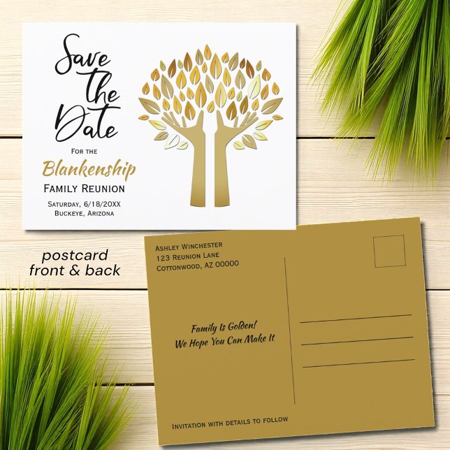 Postal De Anuncios Reunión Familiar Salva La Fecha Manda Arriba Hojas (postcard template front and back)