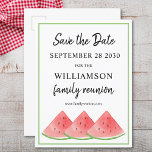 Postal De Anuncios Reunión familiar salva la sandía de fecha<br><div class="desc">Esta postal de verano de la Reunión Familiar Save The Date está decorada con sandías acuáticas. Personalizable fácil. Utilice la Herramienta de diseño para cambiar el tamaño, estilo o color del texto. Porque creamos nuestra obra de arte no encontrarás esta imagen exacta de otros diseñadores. Acuarela original © Michele Davies....</div>