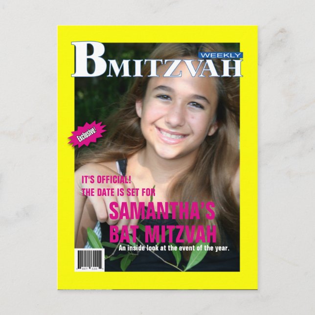 Postal De Anuncios Revista Bat Mitzvah Save the Date Yellow Pink (Anverso)
