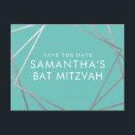 Postal De Anuncios Robin Turquesa Egg Blue Bat Mitzvah Salve la fecha<br><div class="desc">Moderna, moderna y elegante plata y turquesa, verde azulada, color azul huevo y tema "co" Bat Mitzvah guardan las postales de fecha con un único borde de cuadrados geométricos. Personalice fácilmente este asequible, guarde la fecha de su Bat Mitzvah con el nombre, fecha y detalles personalizados de su divertida y...</div>