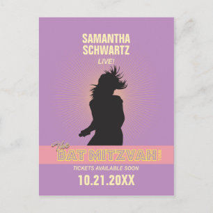 Postal De Anuncios Rock Star Bat Mitzvah Guardar la Fecha-Púrpura Ros