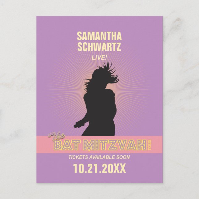 Postal De Anuncios Rock Star Bat Mitzvah Guardar la Fecha-Púrpura Ros (Anverso)