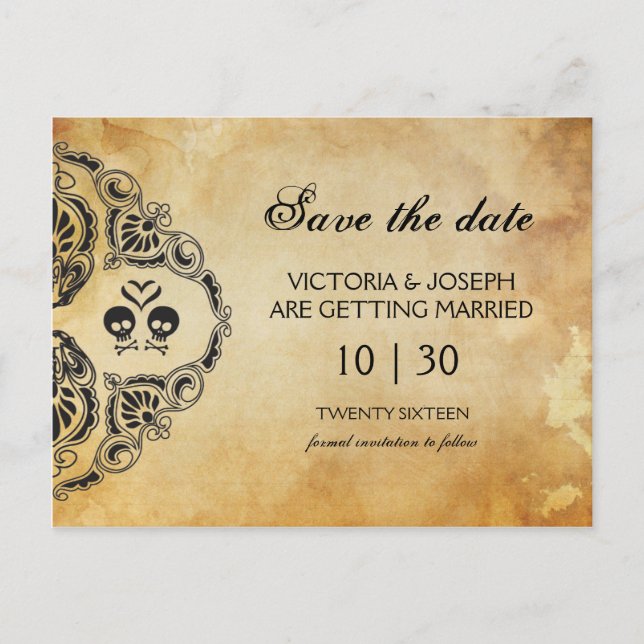 Postal De Anuncios Rocker Save the Date - Calavera y huesos cruzados (Anverso)