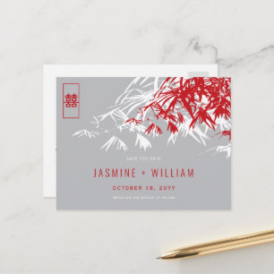 Postal De Anuncios Rojo Gris Zen Bambú Boda China Save The Date