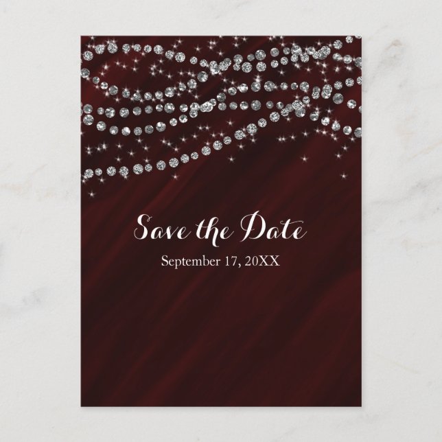 Postal De Anuncios Rojo y Plata Faux Diamond Bling Save The Date (Anverso)