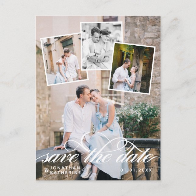 Postal De Anuncios Romántica boda de Collage de fotos salva la fecha (Anverso)