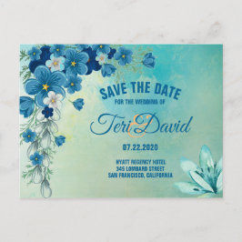 Postal De Anuncios Romántica boda floral azul/verde salva la fecha