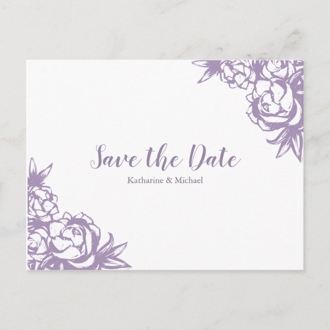 Postal De Anuncios Románticas Peonías Lavanda Boda Save the Date (Anverso)