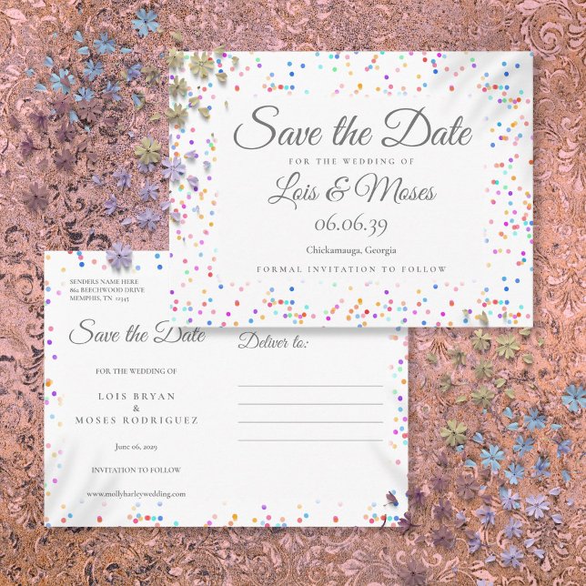 Postal De Anuncios Romántico Arcoíris Confeti Guarda la Fecha (Romantic Rainbow Confetti Save the Date Announcement Postcard)