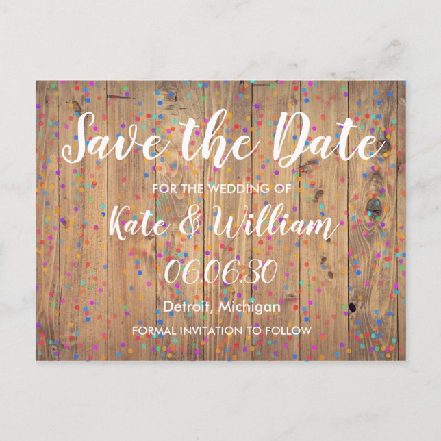 Postal De Anuncios Romántico Arcoíris Confeti Salva la Fecha Boho (Anverso)