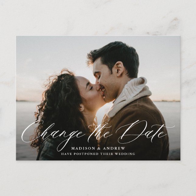 Postal De Anuncios Romántico blanco de caligrafía foto cambiar la fec (Anverso)