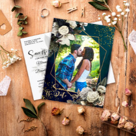Postal De Anuncios Romántico Floral Gold Wreath Photo Save the Date