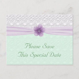 Postal De Anuncios Romántico Lace Lavender Flor Mint Green Save Date