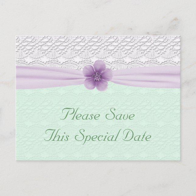Postal De Anuncios Romántico Lace Lavender Flor Mint Green Save Date (Anverso)