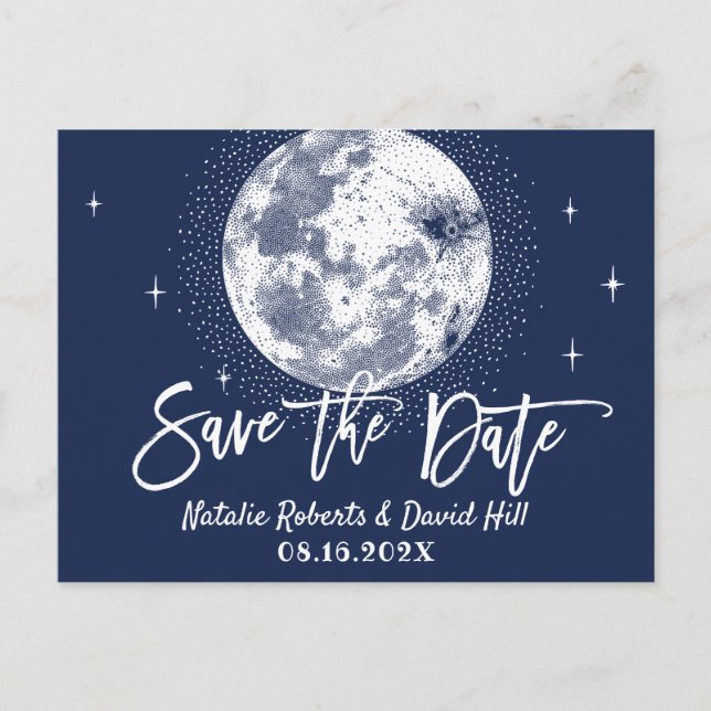Postal De Anuncios Romántico Luna y Estrellas Ahorro de Boda Naval (Anverso)