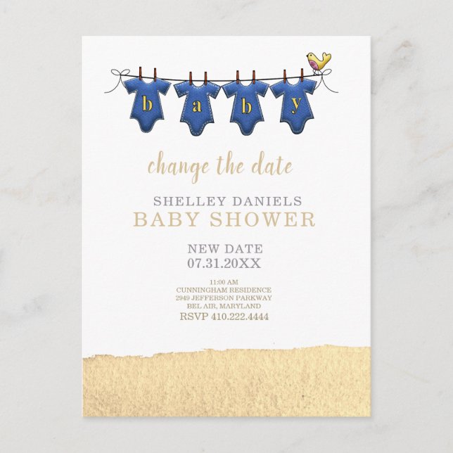 Postal De Anuncios Ropa de lavado amarillo Baby Shower cambia la fech (Anverso)