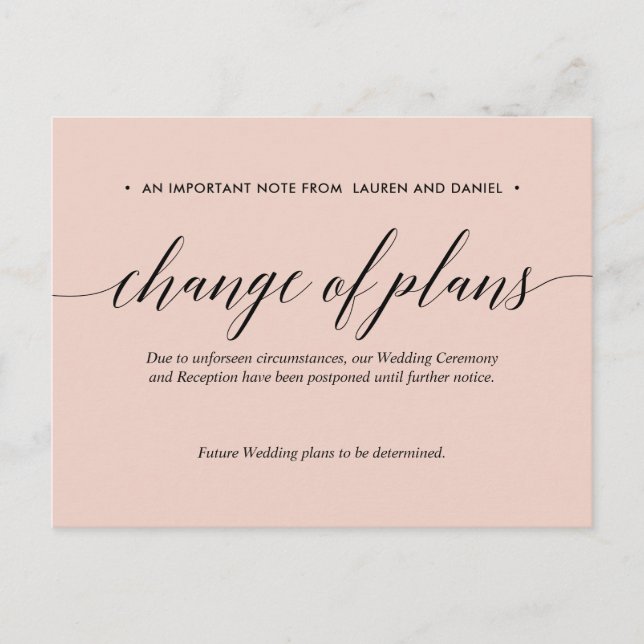 Postal De Anuncios Rosa | Boda Cambio de Planes Pospuesta Cancelada (Anverso)