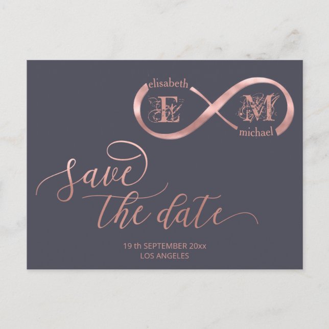 Postal De Anuncios Rosa de infinito dorado rosa monograma caligrafía  (Anverso)