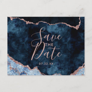 Postal De Anuncios Rosa de Oro Azul Marino Mármol Agata Save the Date