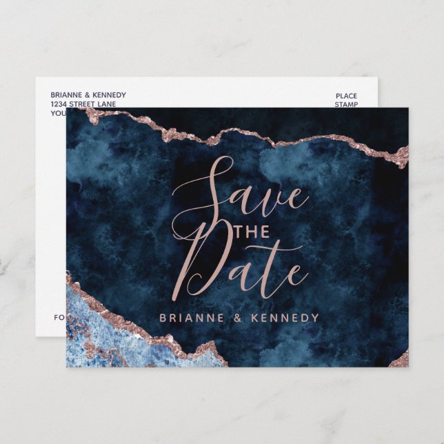 Postal De Anuncios Rosa de oro azul marino mármol Save the Date (Anverso / Reverso)