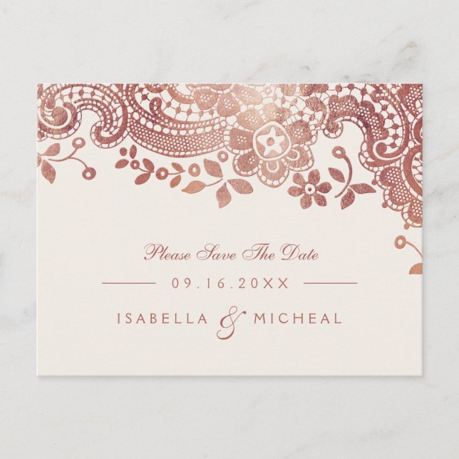 Postal De Anuncios Rosa dorado elegante encaje boda salvar la fecha (Anverso)