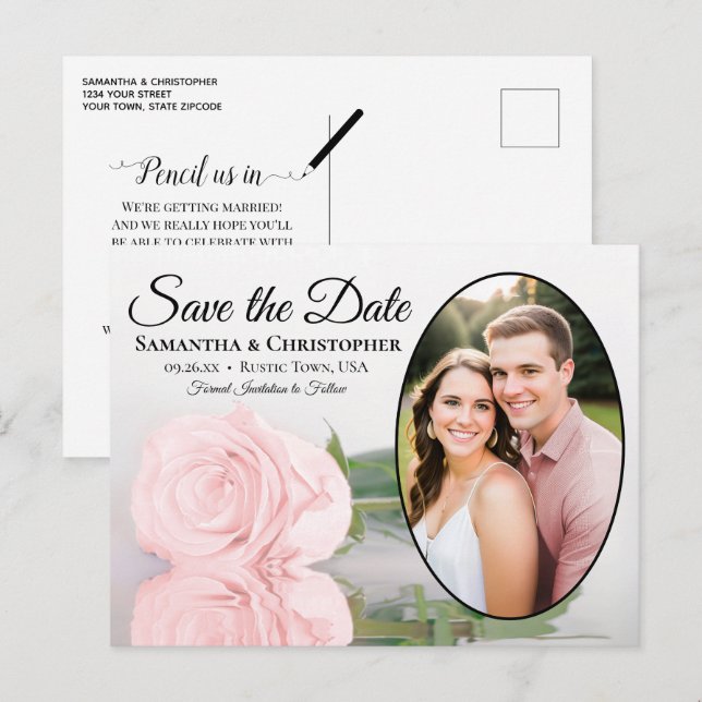 Postal De Anuncios Rosa Elegante Foto Ovalada Boda Save The Date (Anverso / Reverso)