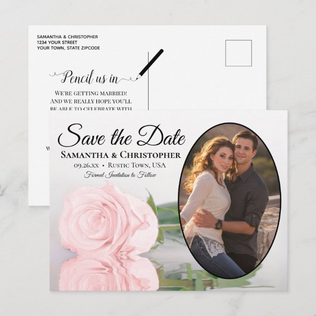 Postal De Anuncios Rosa Elegante Foto Ovalada Boda Save The Date (Anverso / Reverso)