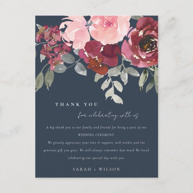 POSTAL DE ANUNCIOS ROSA FLORAL DE BODA DE NAVIDAD ROSA BURGUNDY GRACI (Anverso)