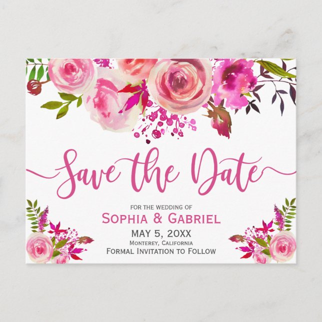 Postal De Anuncios Rosa Fuchsia Rosa Botánica Floral  Guardar la Fech (Anverso)