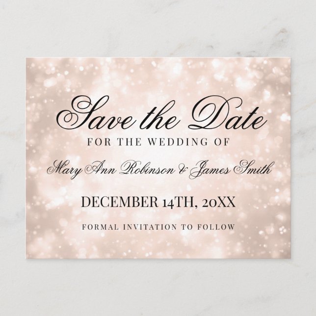Postal De Anuncios Rosa Gold Champagne Bokeh Elegant Save The Date (Anverso)