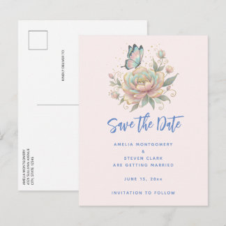 Postal De Anuncios Rosa mágica y colores pastel de boda de mariposa